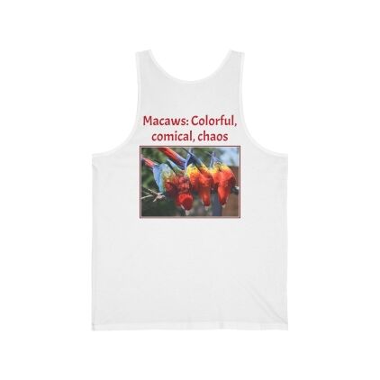 Colorful Macaw Unisex Jersey Tank - Fun Summer Shirt for Bird Lovers, Vibrant Vacation Wear, Gift for Nature Enthusiasts